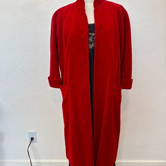 Womens vintage red velvet coat SZ L - long open coat with ¾ sleeves Fully lined - Picture 1 of 8
